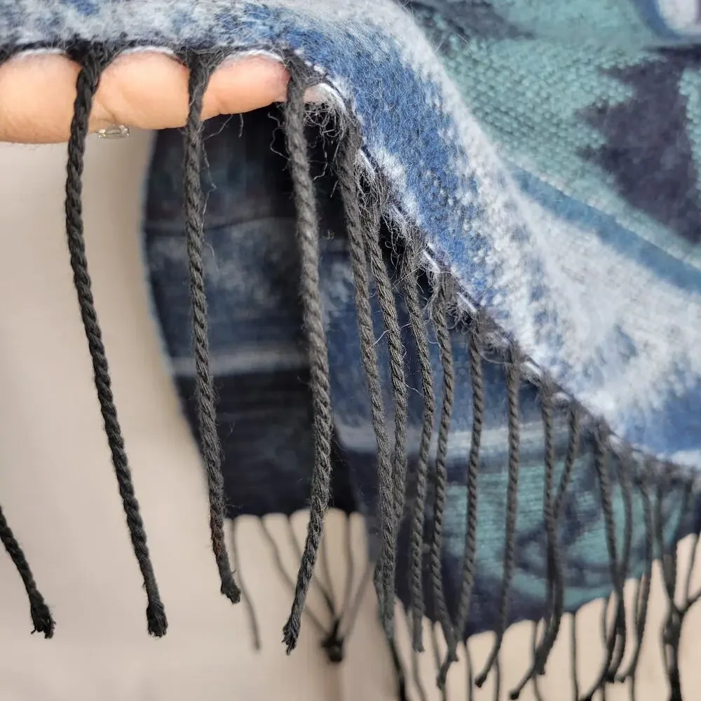 Blue Aztec Print Acrylic Scarf with Fringe, Made in Italy